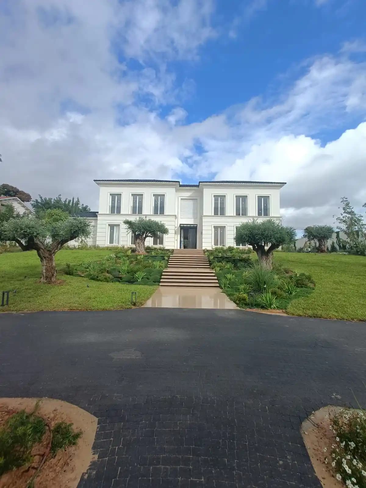 חזית מרשימה של בית פרטי קלסי לבן עם מדרגות כניסה רחבות